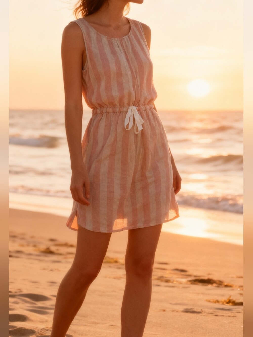Anthropologie Comme Toi... L Shift Tie waist Paper Bag Stripe Dress 100% Linen